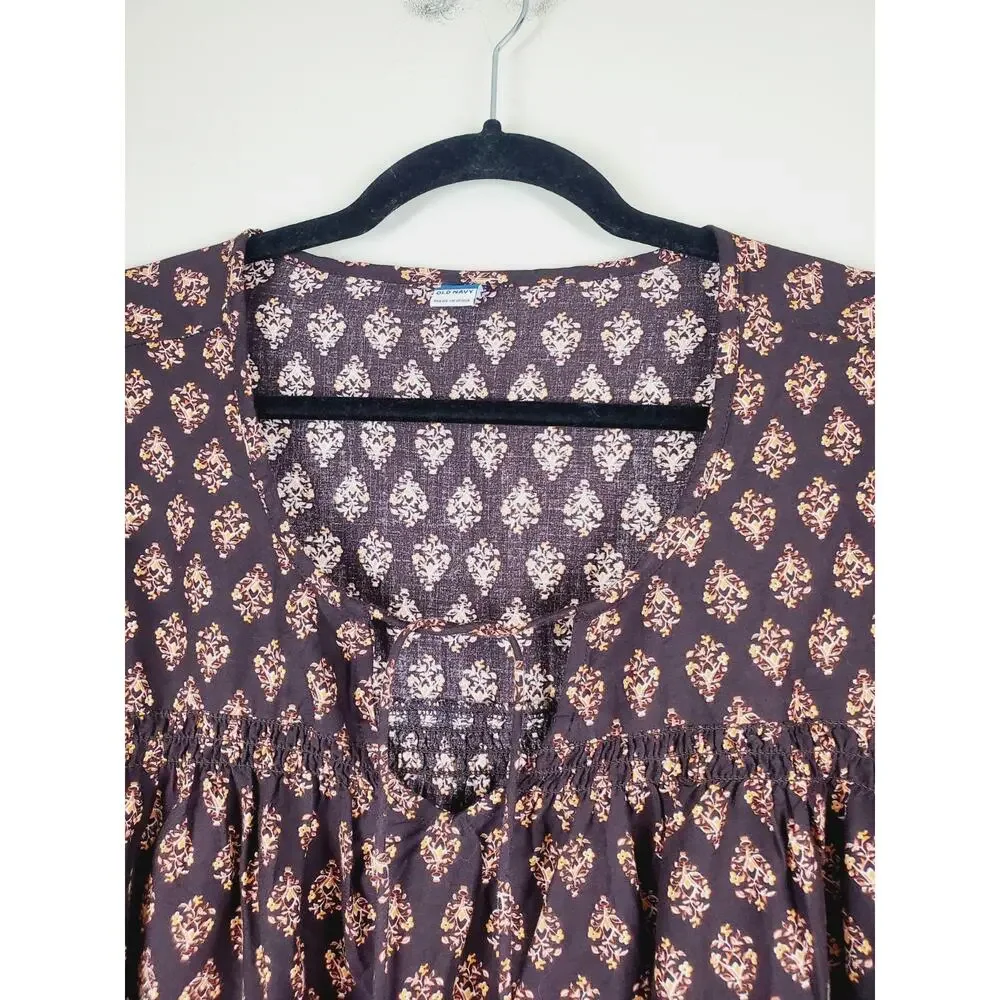 Old Navy Peasant Top Womens 2X‎ Floral Puff Balloon Sleeve Brown Cotton Bohemian
